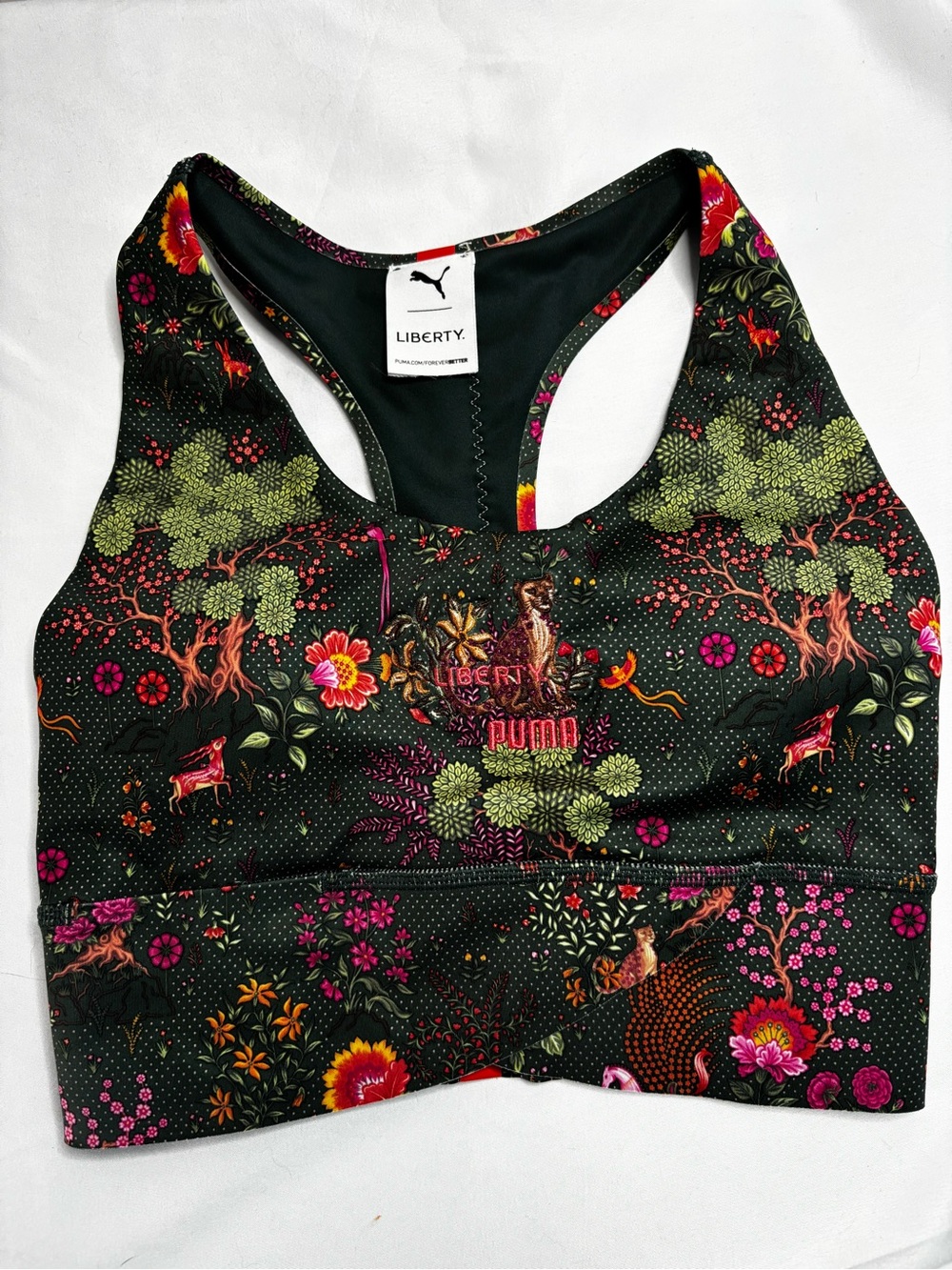 Puma Liberty Floral Racerback Sports Bra - Black with Green & Pink Accents
